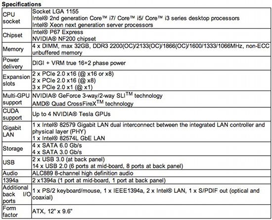 asus p8p67 ws revolution specs