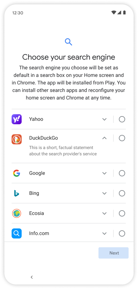 Ejemplo de cómo se podrá seleccionar buscador en Google Android